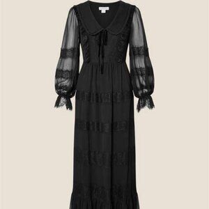 LACE TRIM COLLARED  AND LINED MAXI DRESS V-NECK ZIP CLOSURE & BUTTON FASTEN